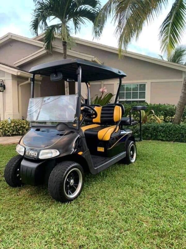 Custom Lifted EZGO 4-Seater Electric Golf Cart with Flip Rear Seat & Premium Black-Yellow Seats - Image 3