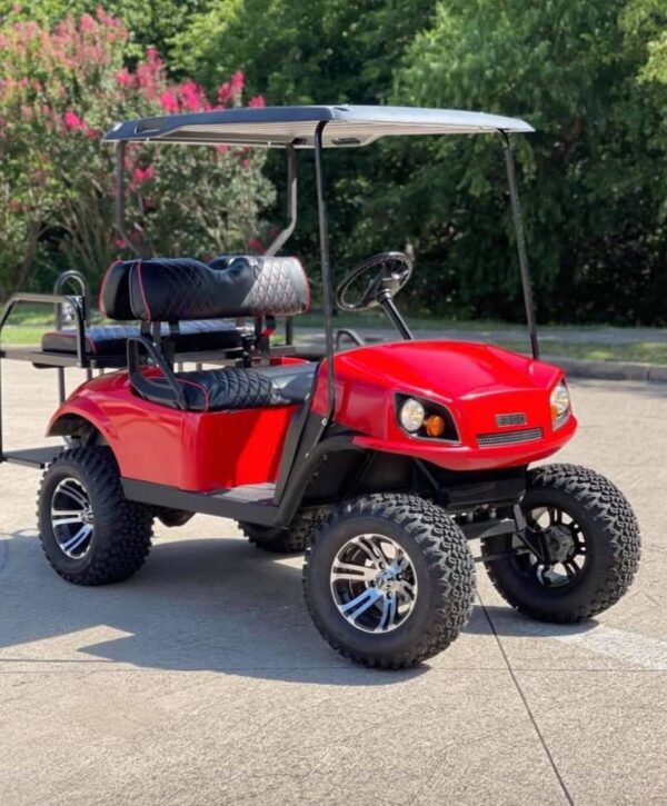 Custom EZGO TXT Lifted Golf Cart – Red | Off-Road Tires, Rear Seat, Premium Styling